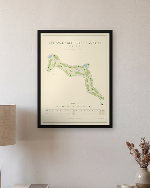National Golf Links of America golf course map print in a black frame, hung on a wall