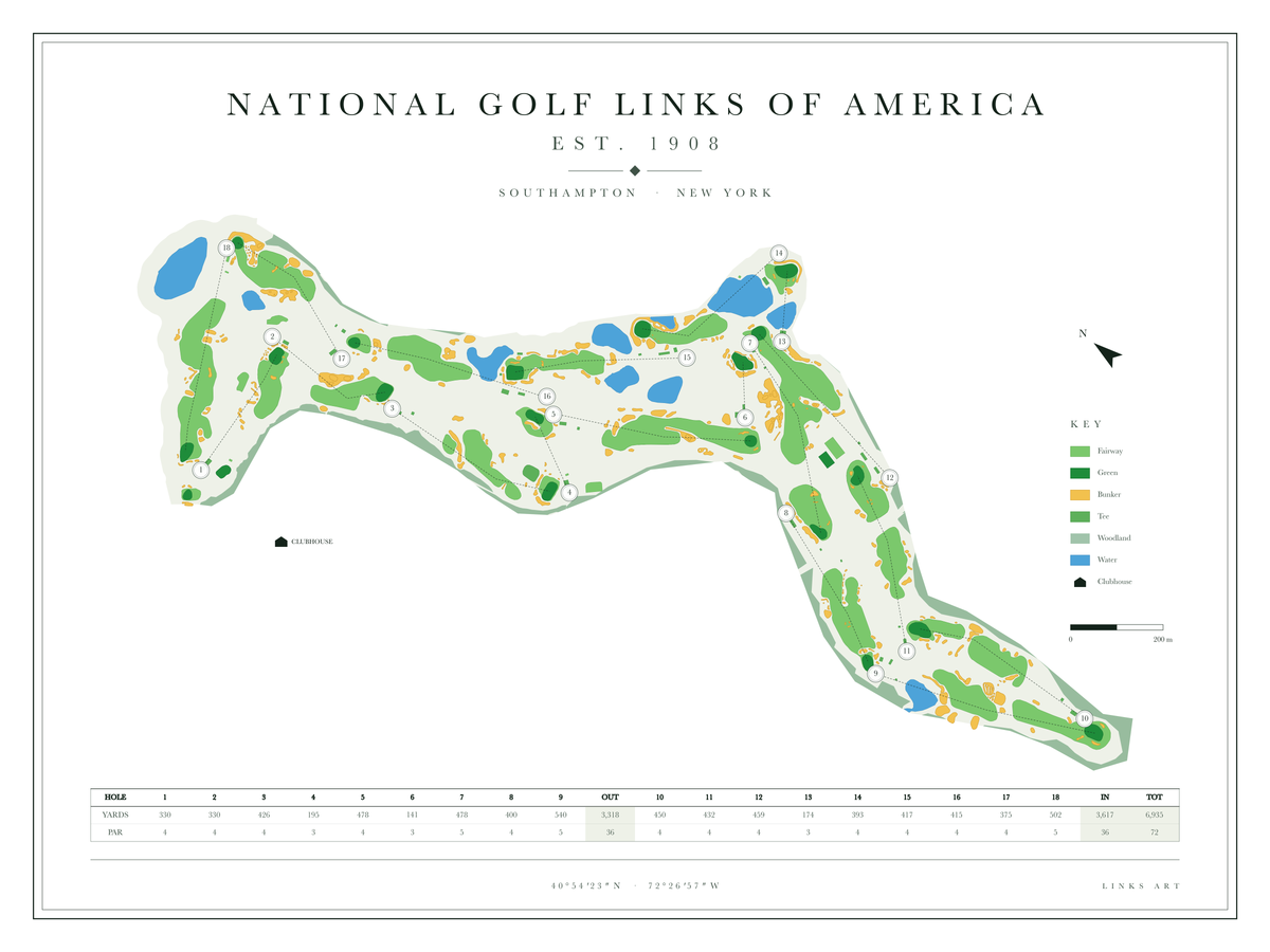National Golf Links of America golf course map poster, Chalk, landscape