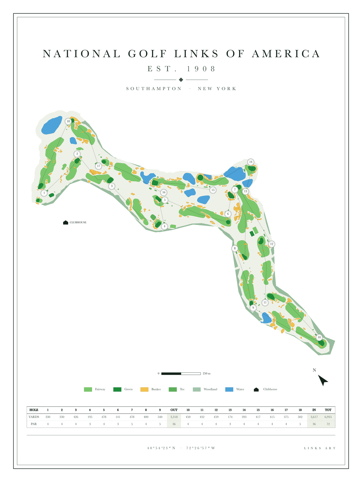 National Golf Links of America golf course map poster, Chalk, portrait
