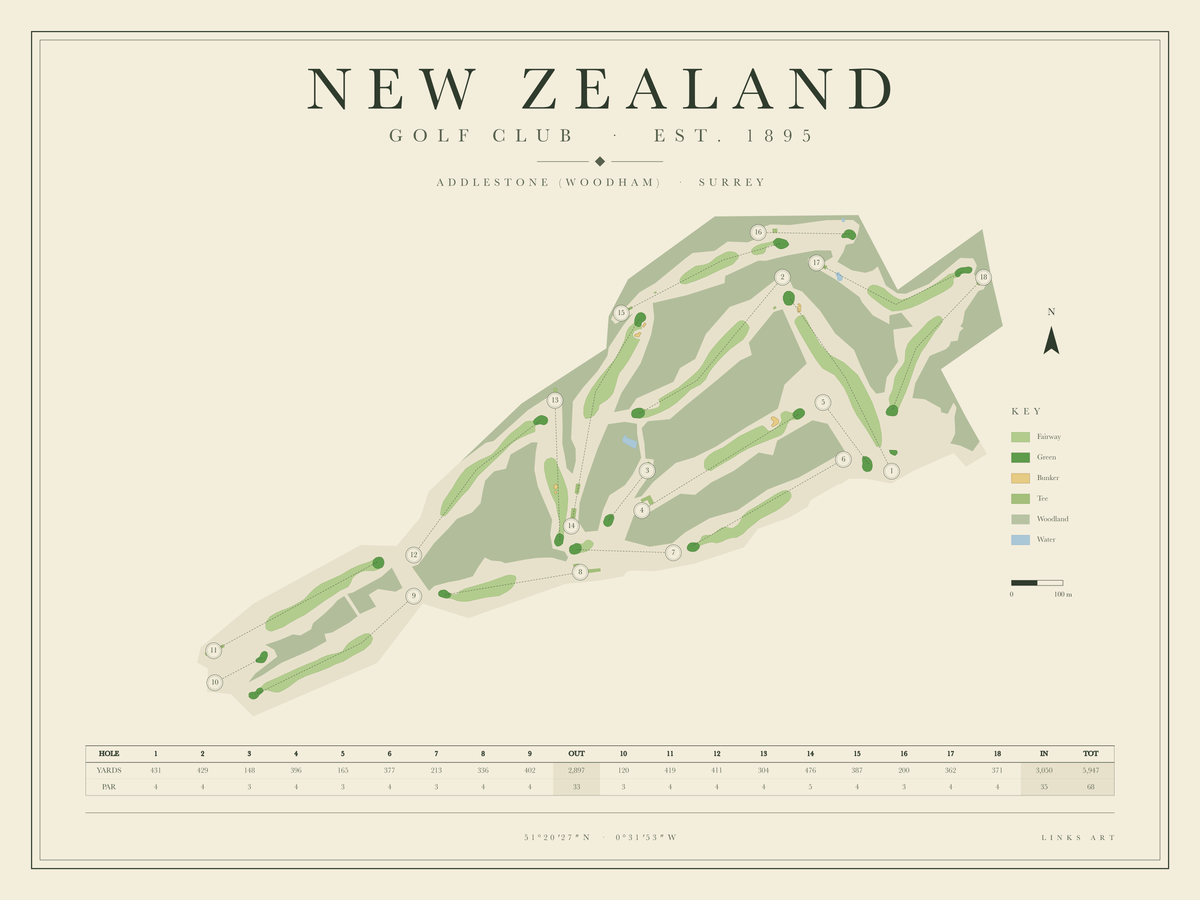 New Zealand golf course map poster, landscape