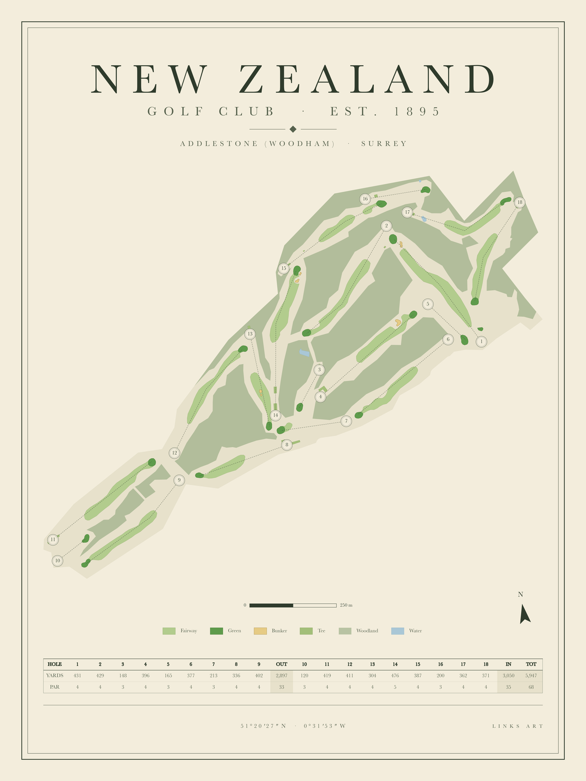New Zealand golf course map poster, portrait