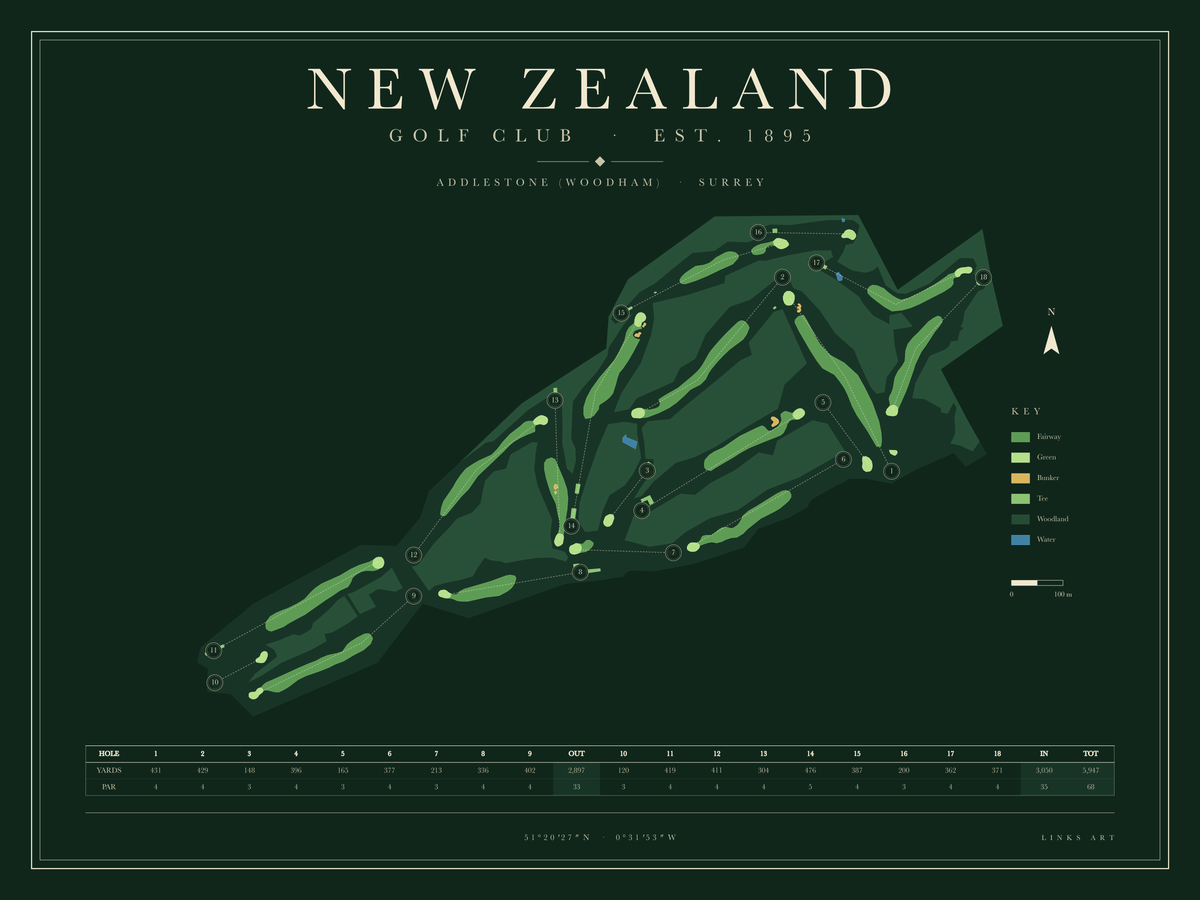 New Zealand golf course map poster, Fescue, landscape