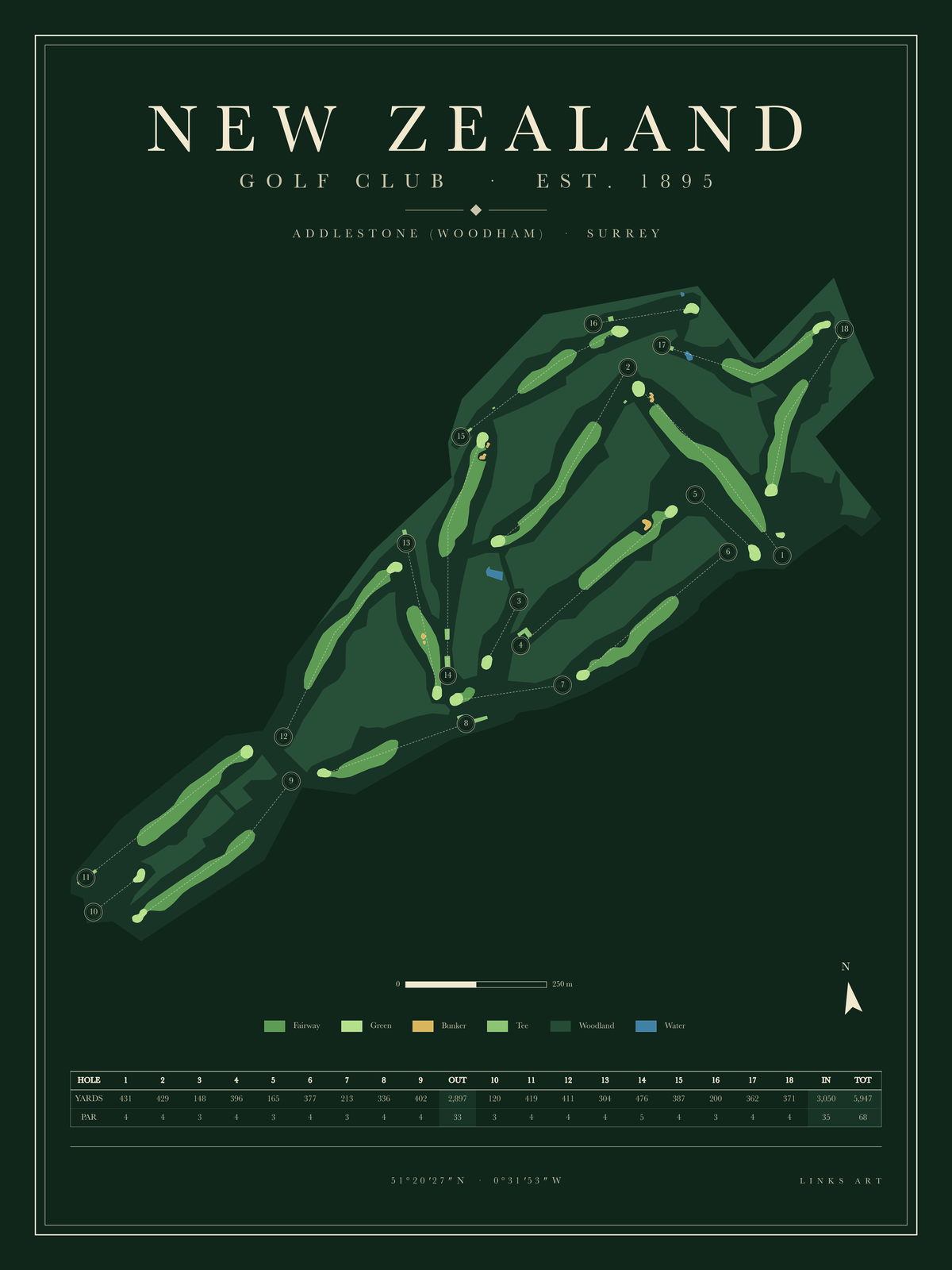 New Zealand golf course map poster, Fescue, portrait