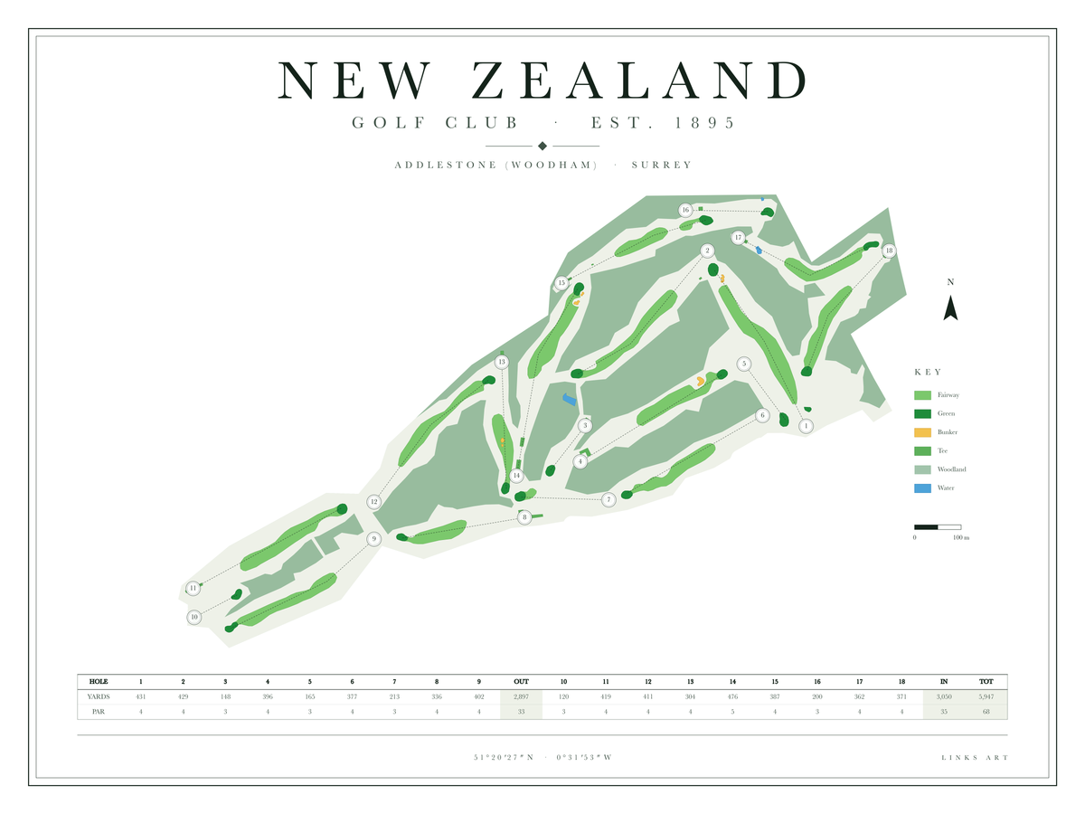 New Zealand golf course map poster, Chalk, landscape
