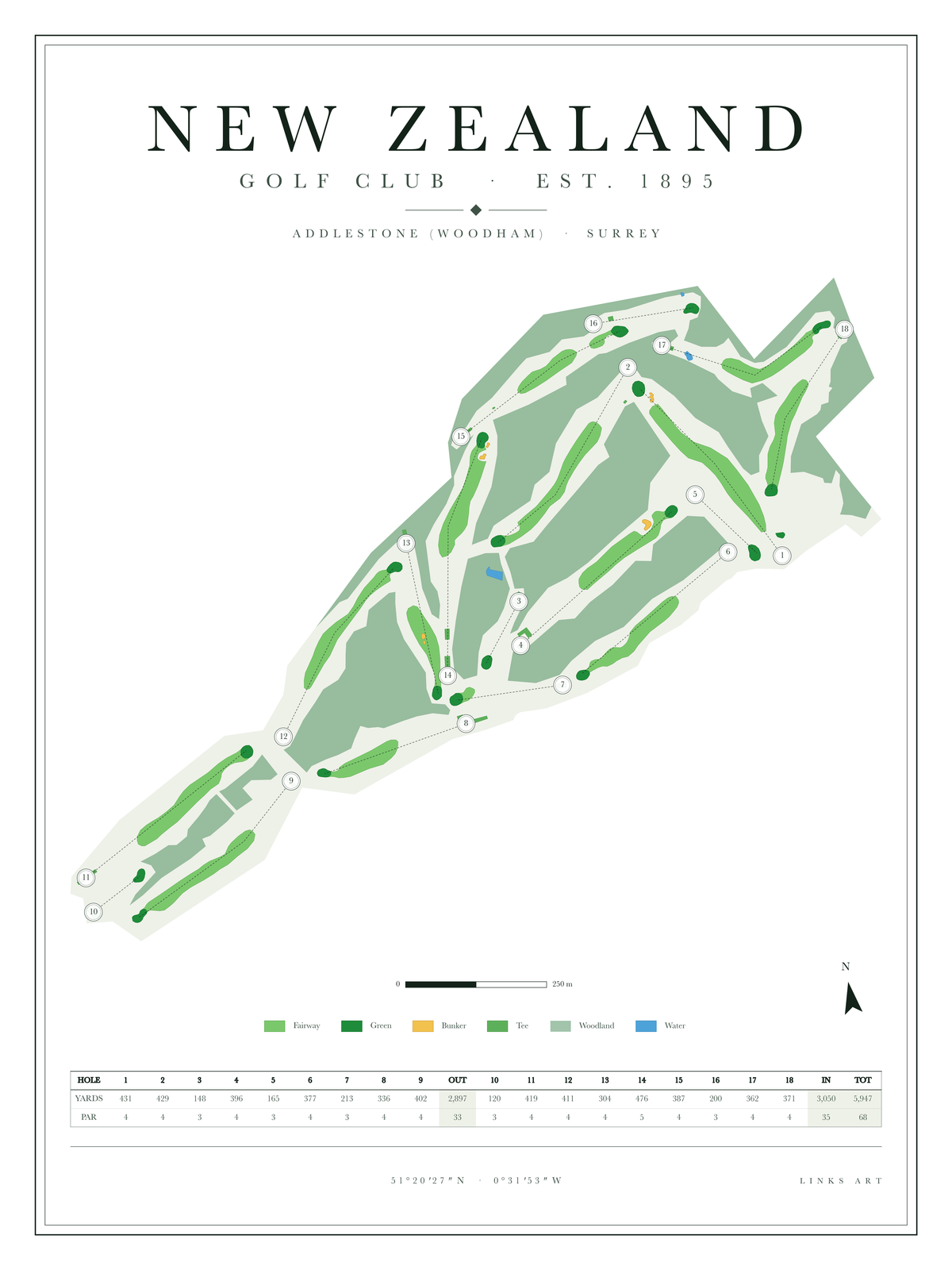 New Zealand golf course map poster, Chalk, portrait