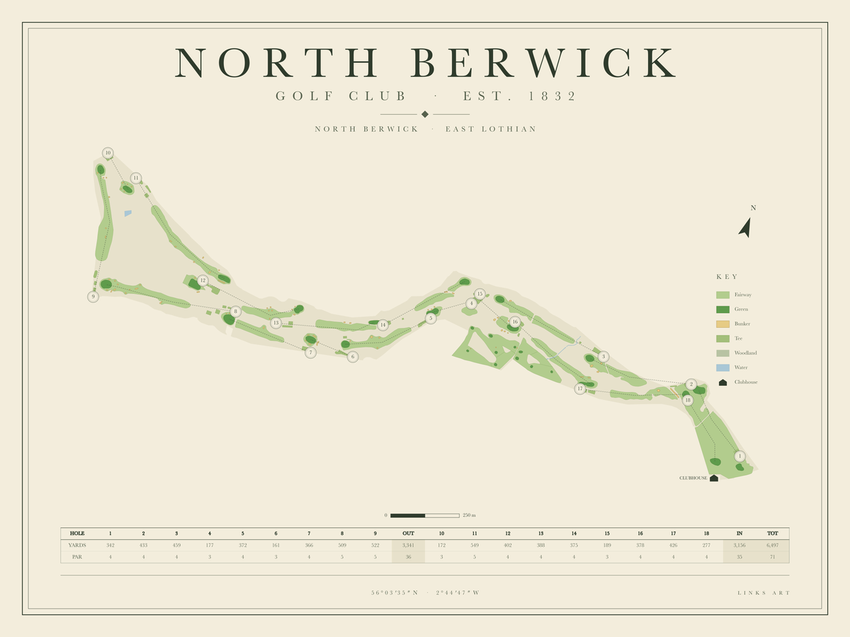 North Berwick golf course map poster, landscape