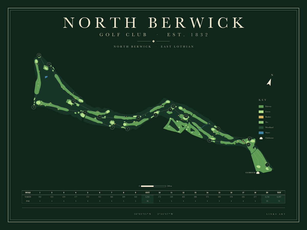 North Berwick golf course map poster, Fescue, landscape