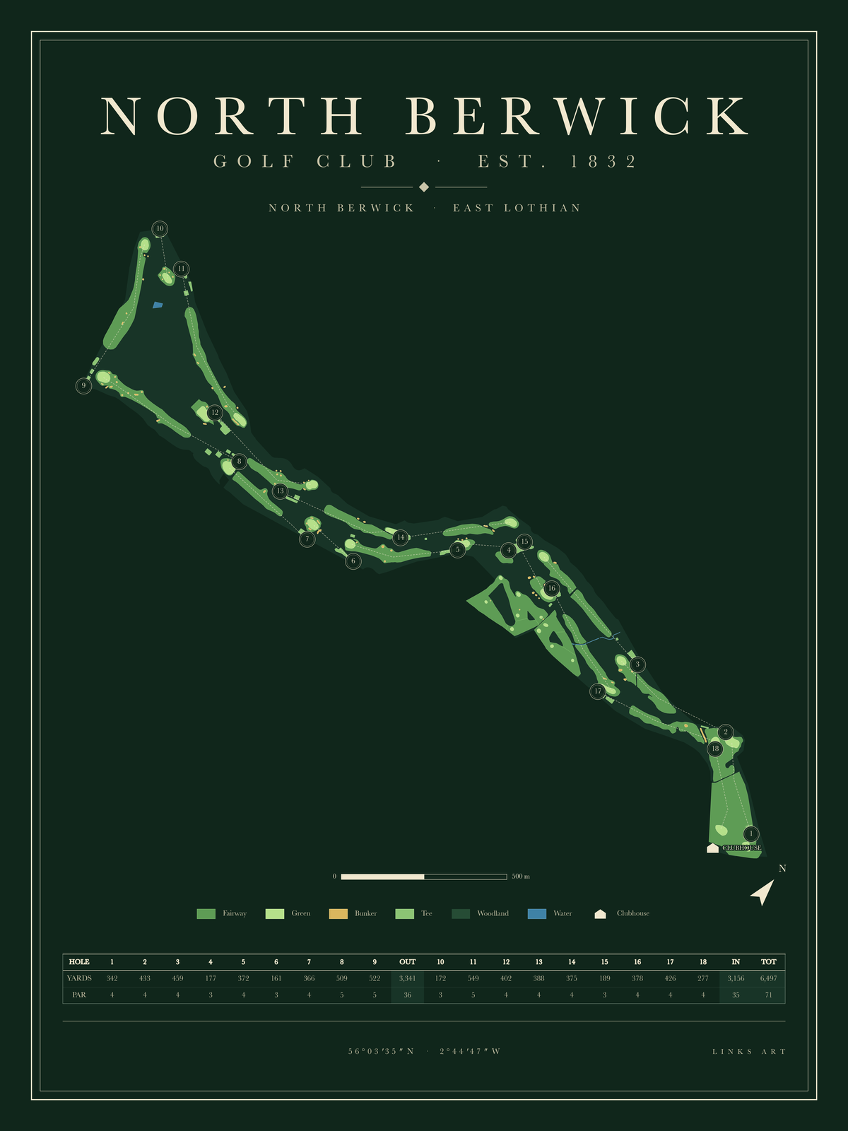 North Berwick golf course map poster, Fescue, portrait