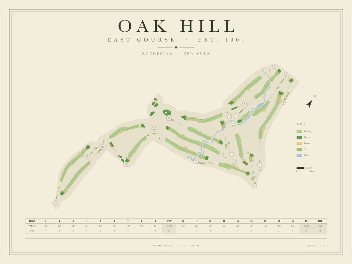 Oak Hill East Course golf course map poster, landscape