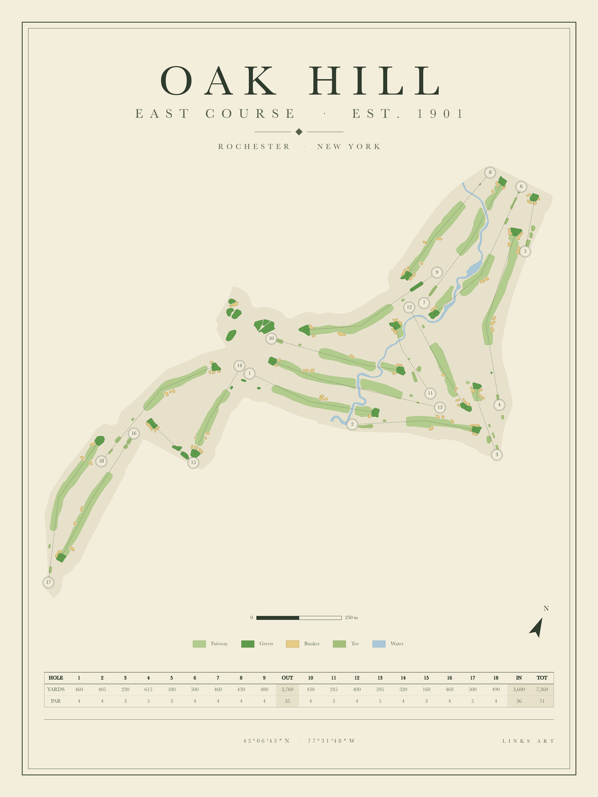 Oak Hill East Course golf course map poster, portrait
