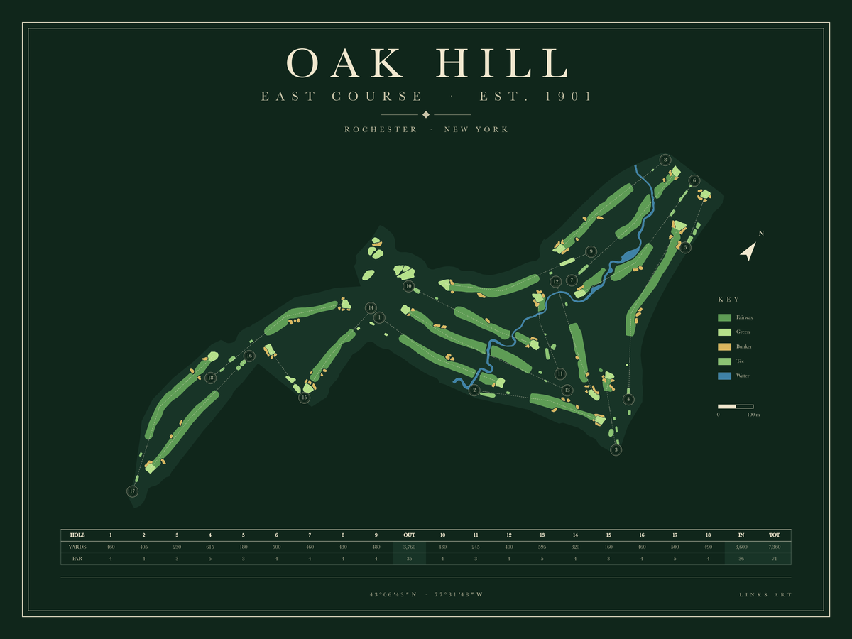 Oak Hill East Course golf course map poster, Fescue, landscape
