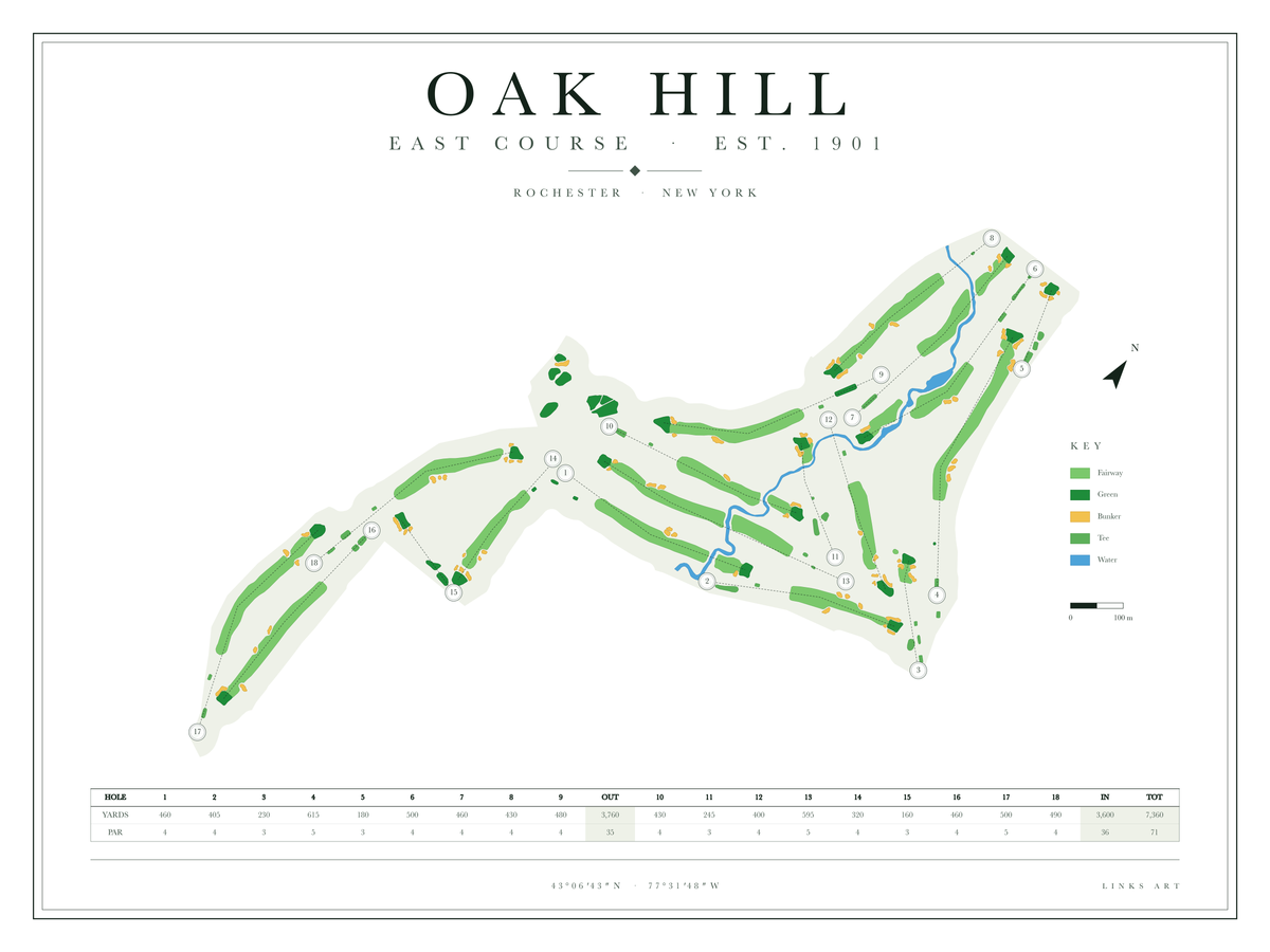 Oak Hill East Course golf course map poster, Chalk, landscape