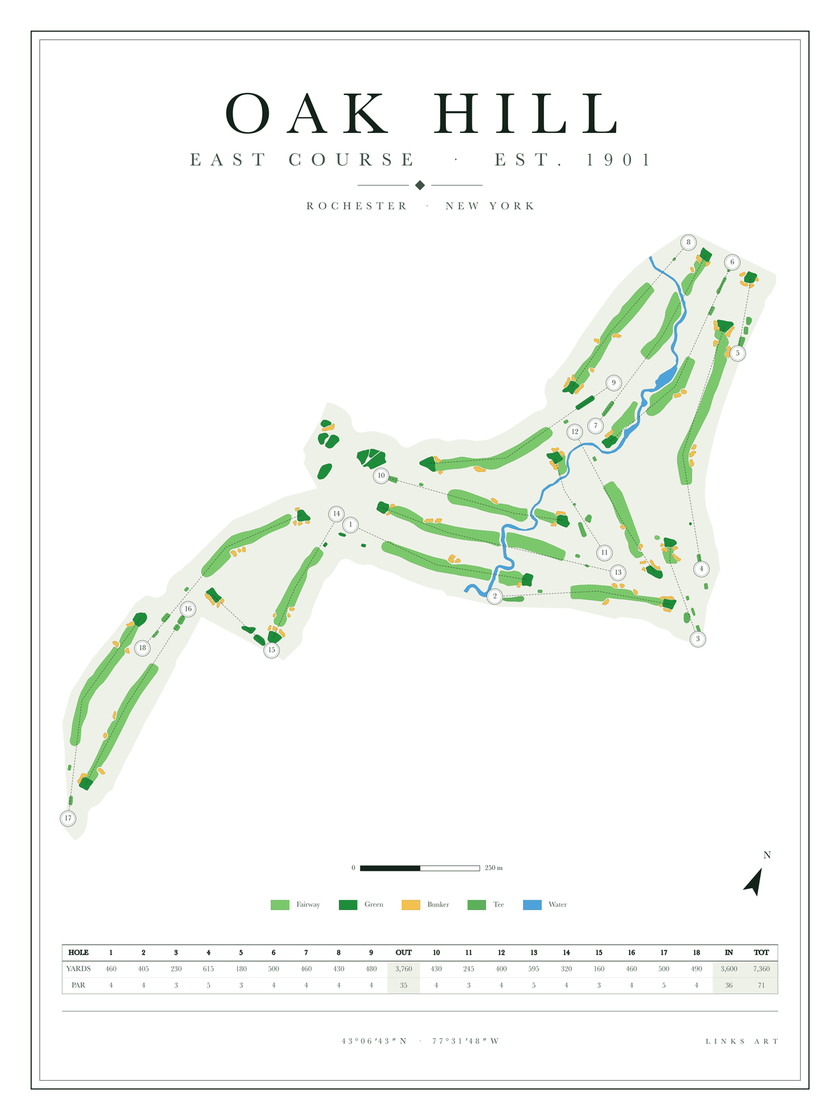 Oak Hill East Course golf course map poster, Chalk, portrait