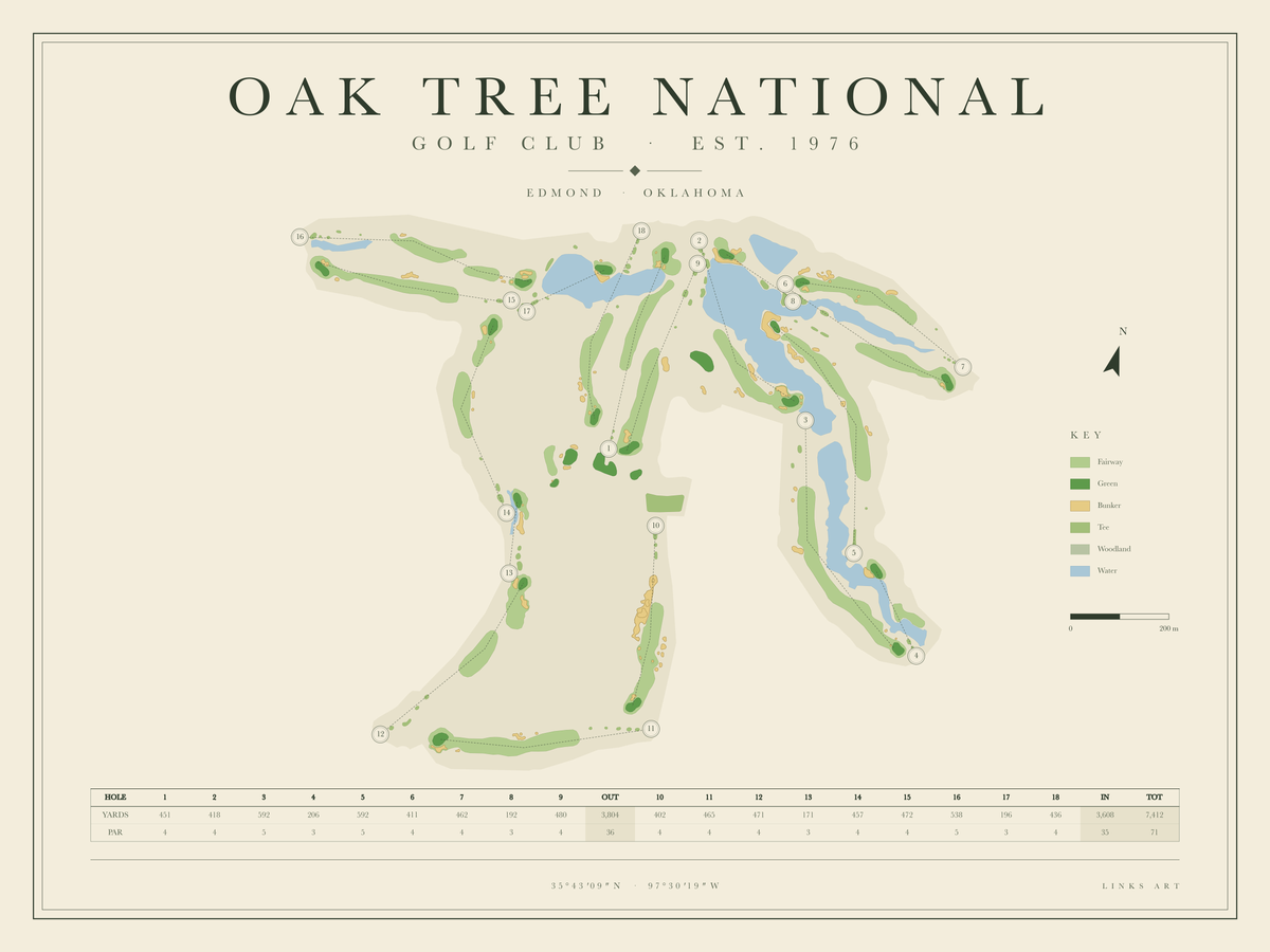 Oak Tree National golf course map poster, landscape