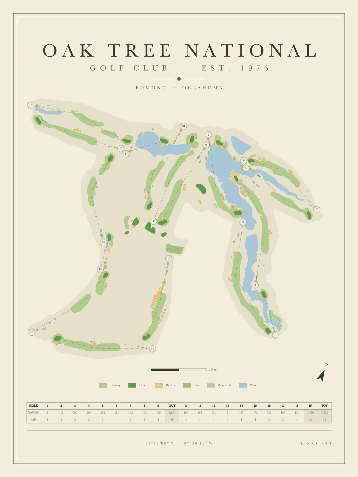Oak Tree National golf course map poster, portrait
