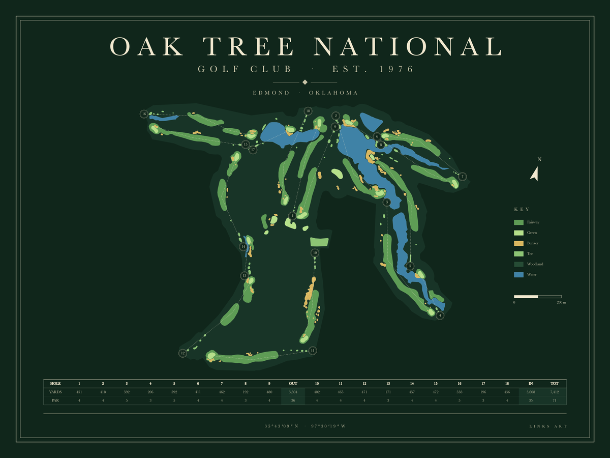 Oak Tree National golf course map poster, Fescue, landscape
