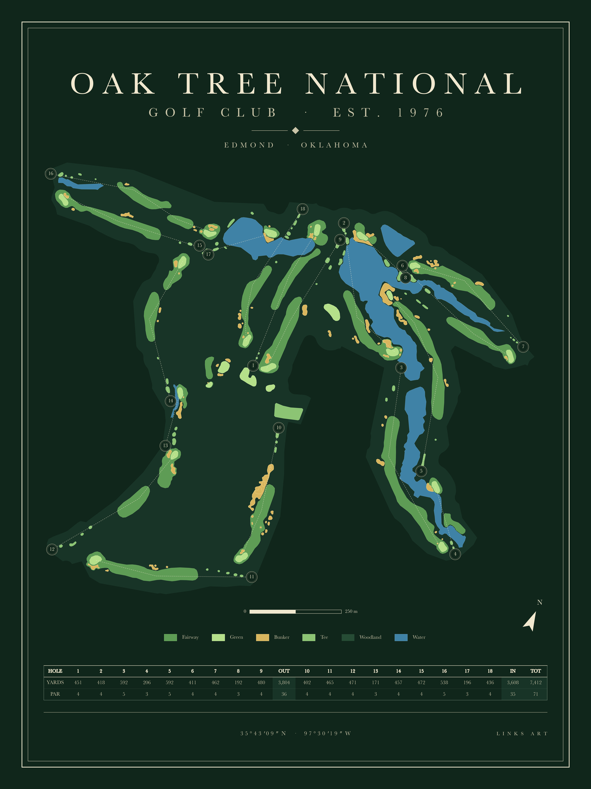 Oak Tree National golf course map poster, Fescue, portrait