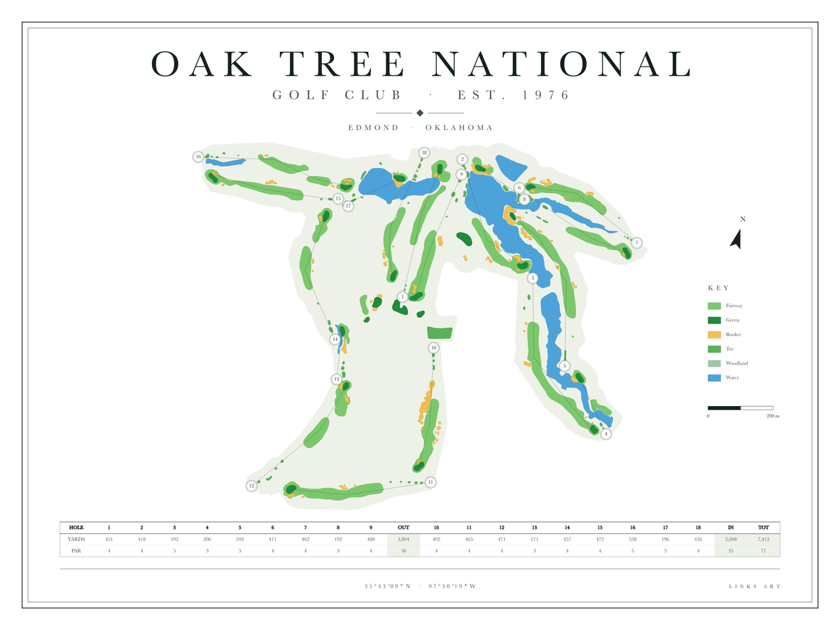 Oak Tree National golf course map poster, Chalk, landscape
