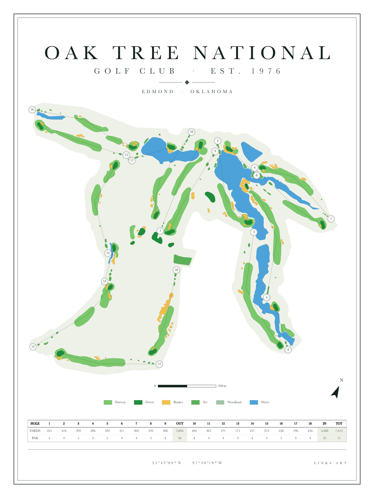 Oak Tree National golf course map poster, Chalk, portrait