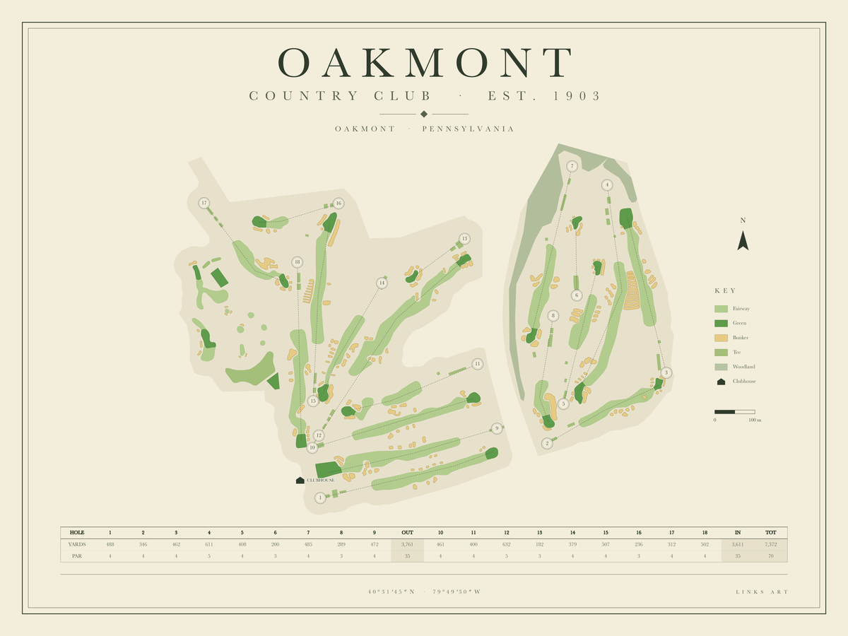 Oakmont golf course map poster, landscape