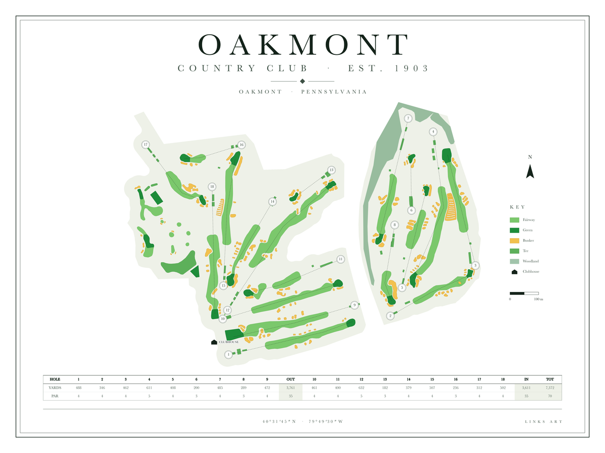 Oakmont golf course map poster, Chalk, landscape