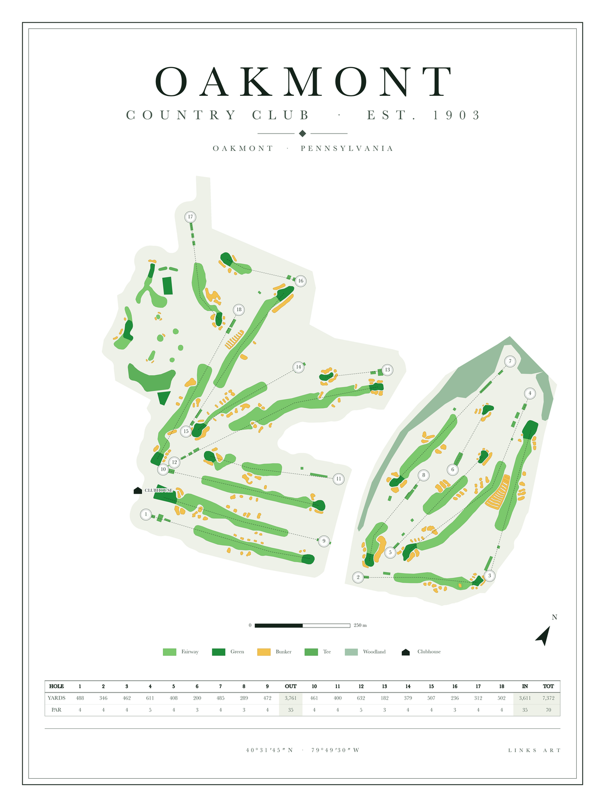 Oakmont golf course map poster, Chalk, portrait