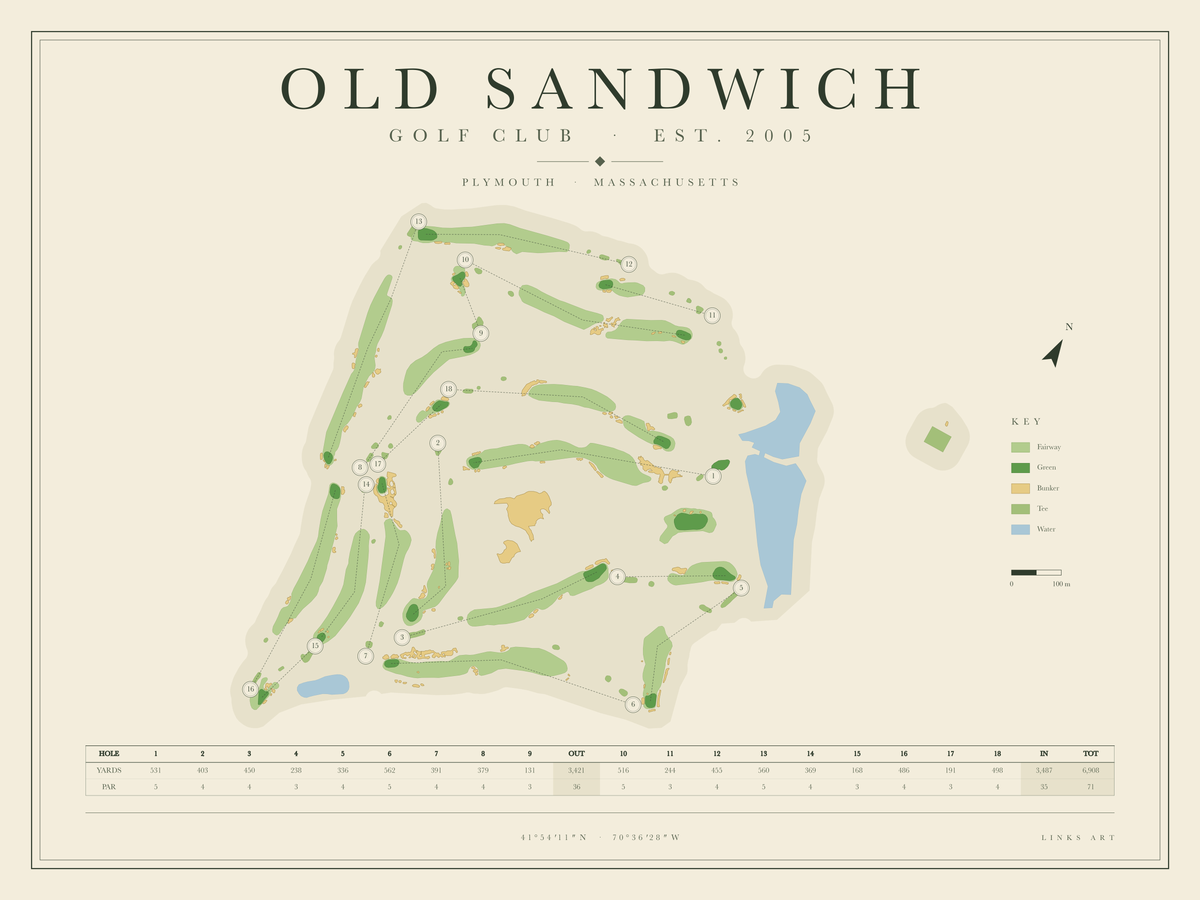 Old Sandwich golf course map poster, landscape