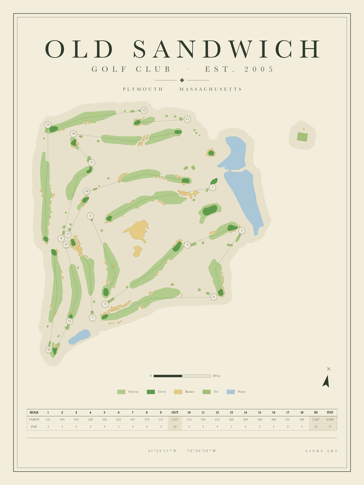 Old Sandwich golf course map poster, portrait