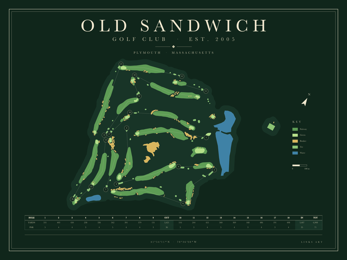 Old Sandwich golf course map poster, Fescue, landscape