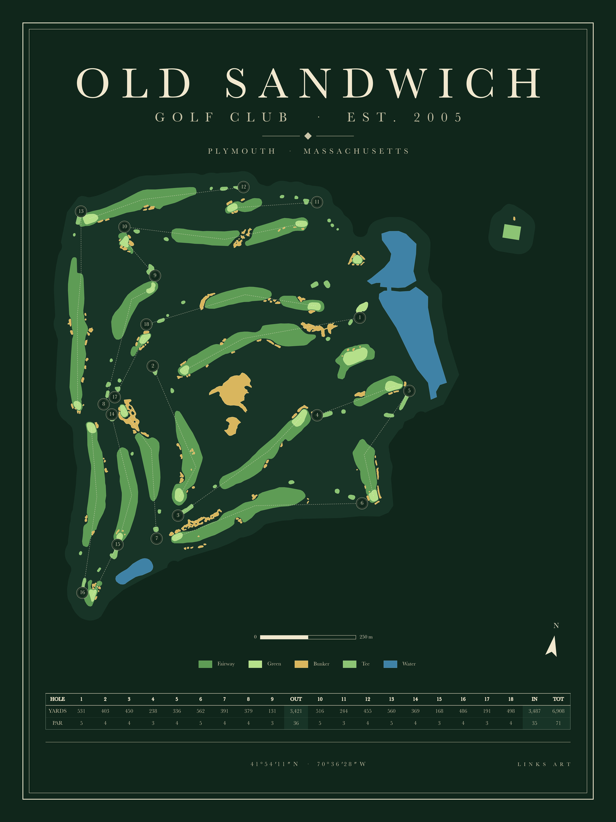 Old Sandwich golf course map poster, Fescue, portrait