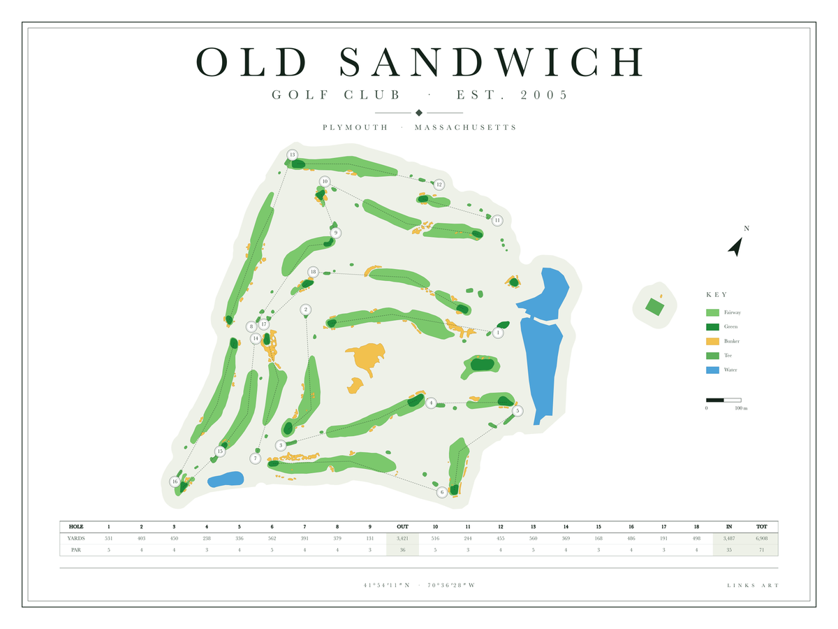 Old Sandwich golf course map poster, Chalk, landscape