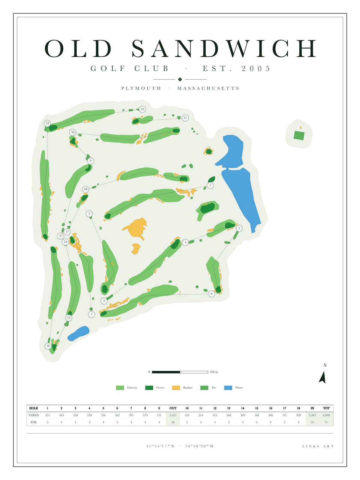 Old Sandwich golf course map poster, Chalk, portrait