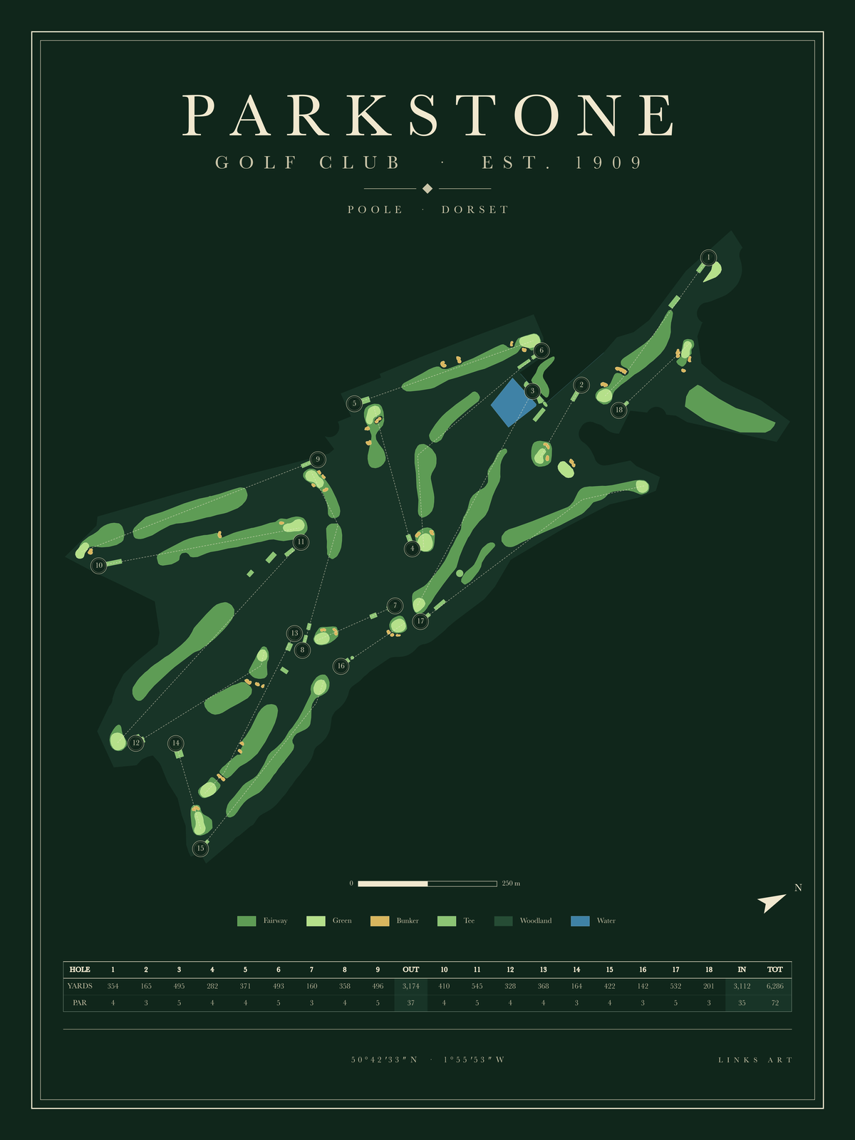 Parkstone golf course map poster, Fescue, portrait
