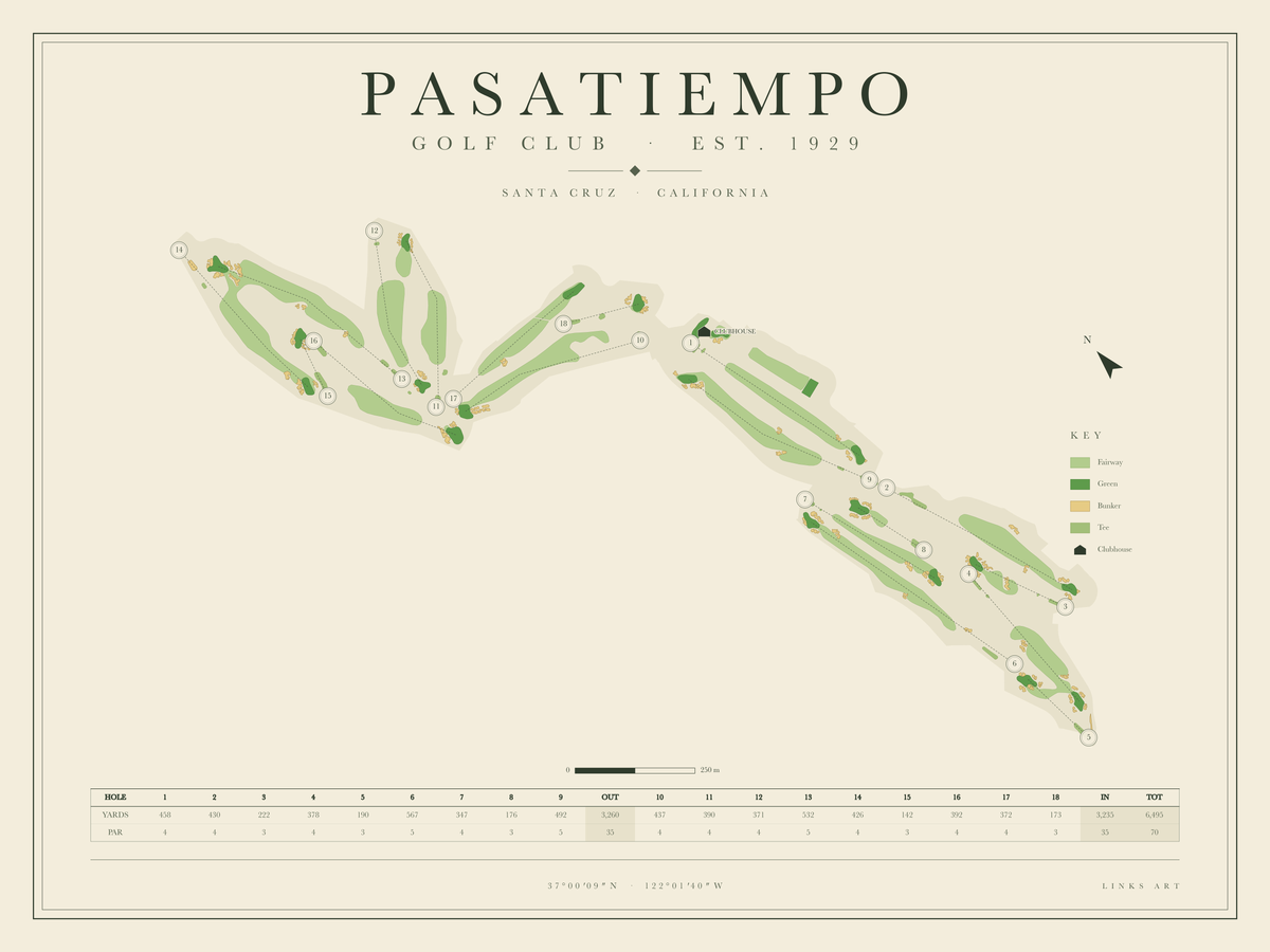 Pasatiempo golf course map poster, landscape