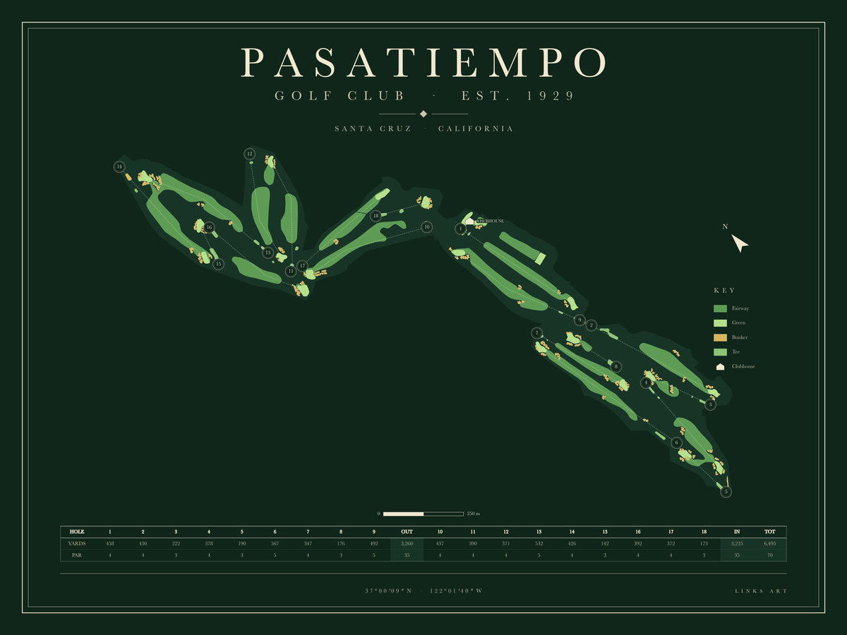 Pasatiempo golf course map poster, Fescue, landscape