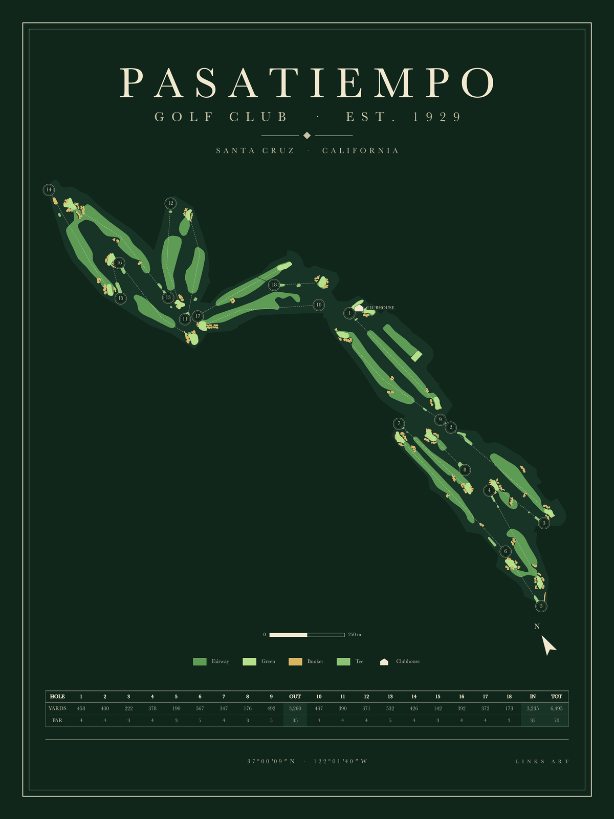 Pasatiempo golf course map poster, Fescue, portrait