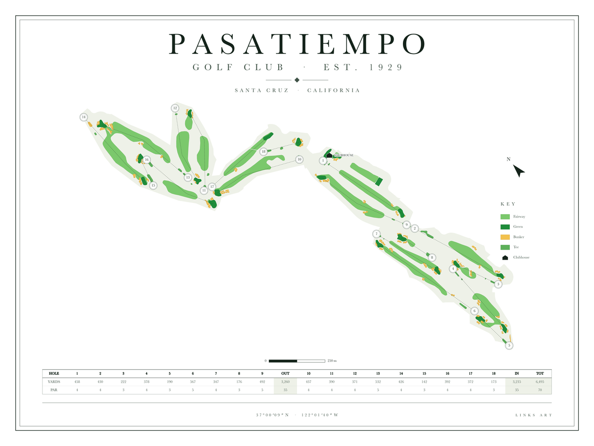 Pasatiempo golf course map poster, Chalk, landscape