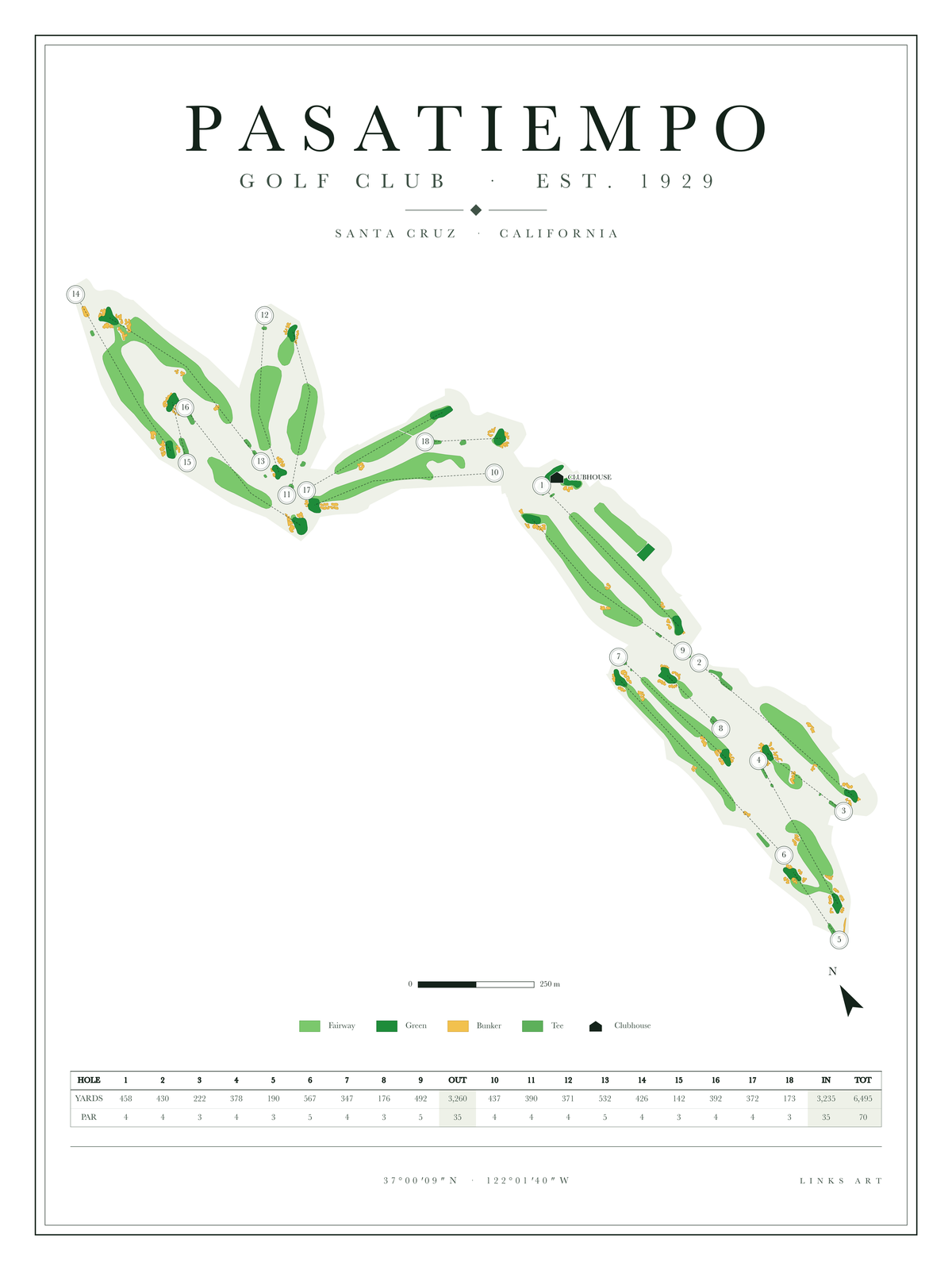 Pasatiempo golf course map poster, Chalk, portrait