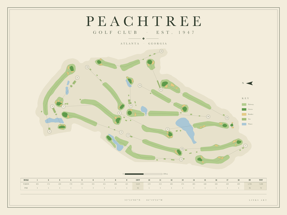 Peachtree golf course map poster, landscape