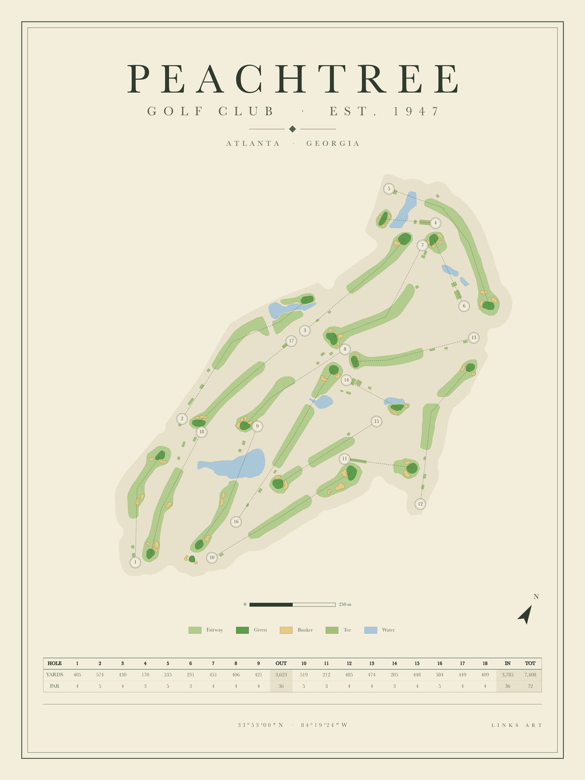 Peachtree golf course map poster, portrait