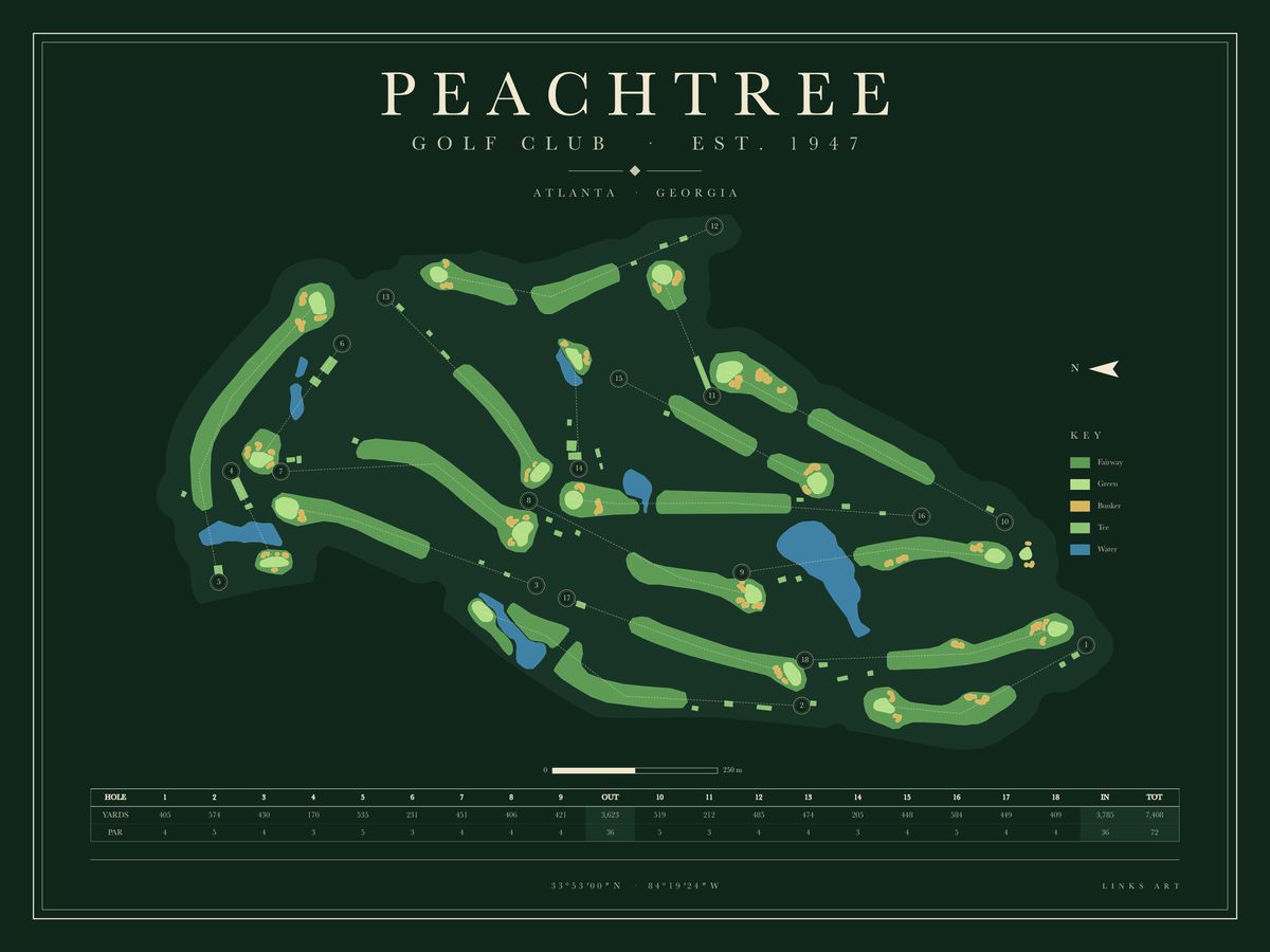 Peachtree golf course map poster, Fescue, landscape