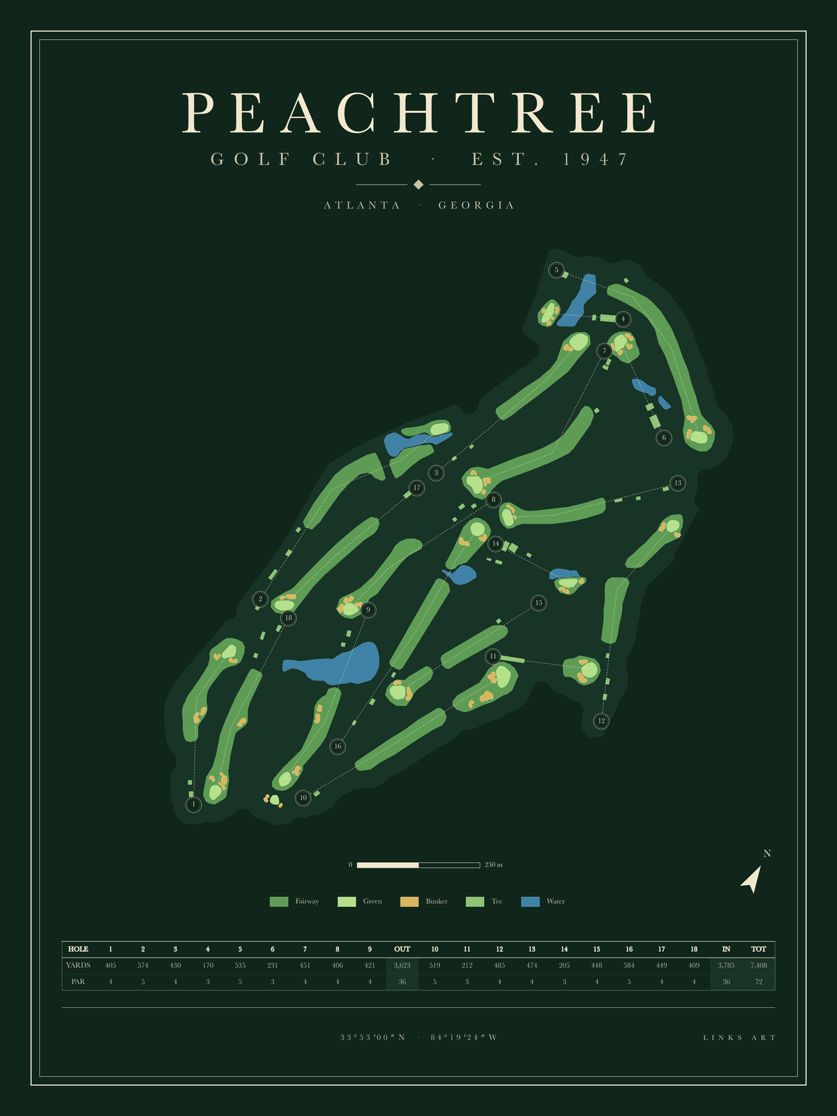 Peachtree golf course map poster, Fescue, portrait