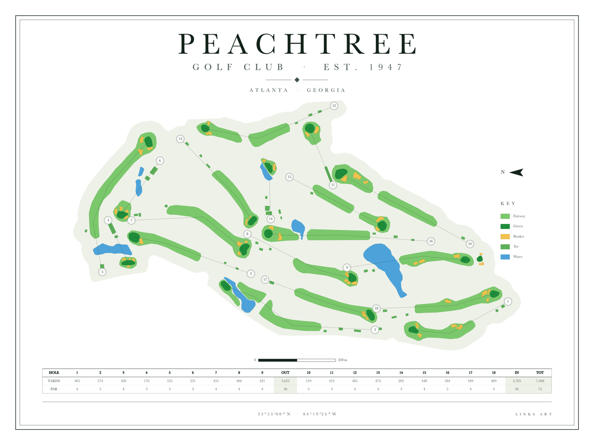 Peachtree golf course map poster, Chalk, landscape