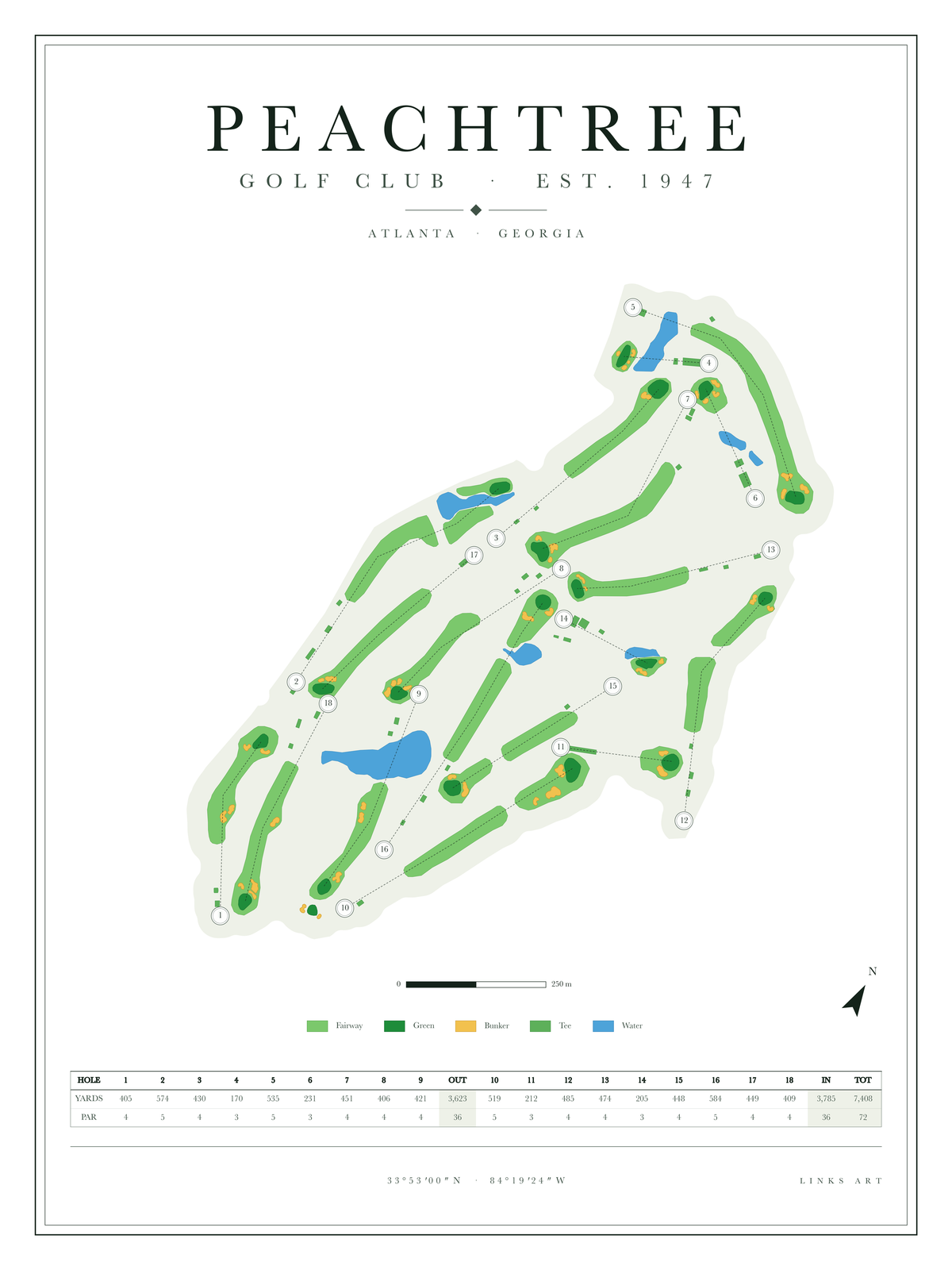 Peachtree golf course map poster, Chalk, portrait