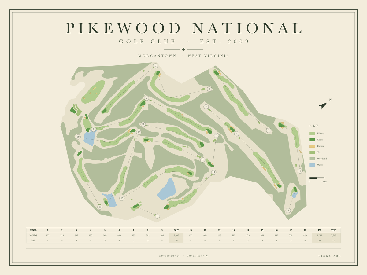 Pikewood National golf course map poster, landscape
