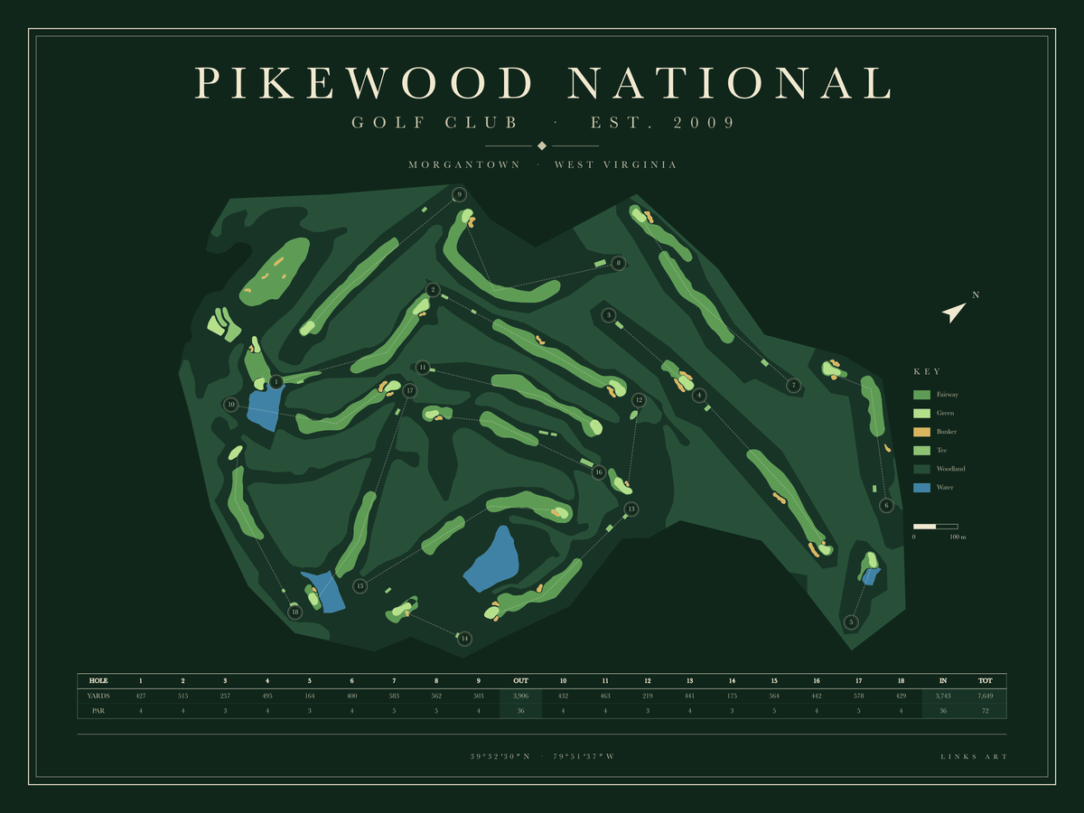Pikewood National golf course map poster, Fescue, landscape