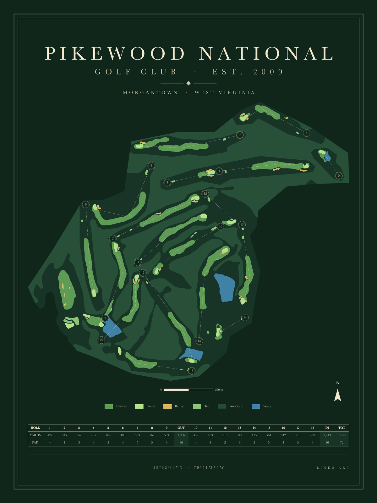 Pikewood National golf course map poster, Fescue, portrait