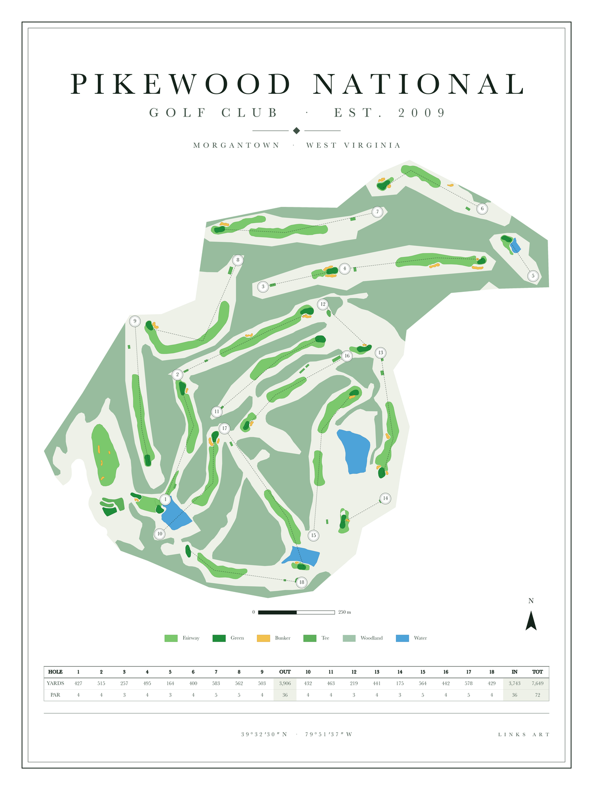 Pikewood National golf course map poster, Chalk, portrait