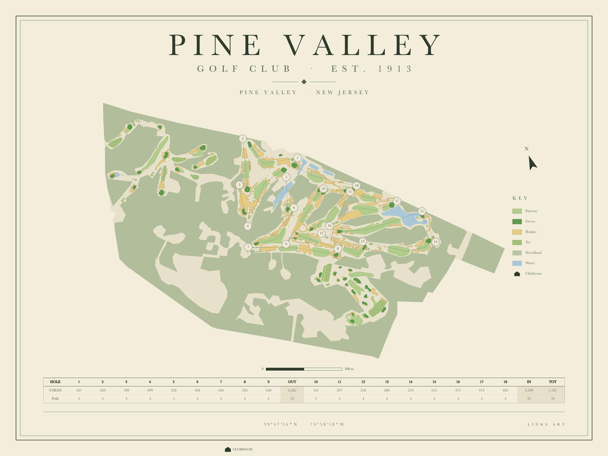 Pine Valley golf course map poster, landscape