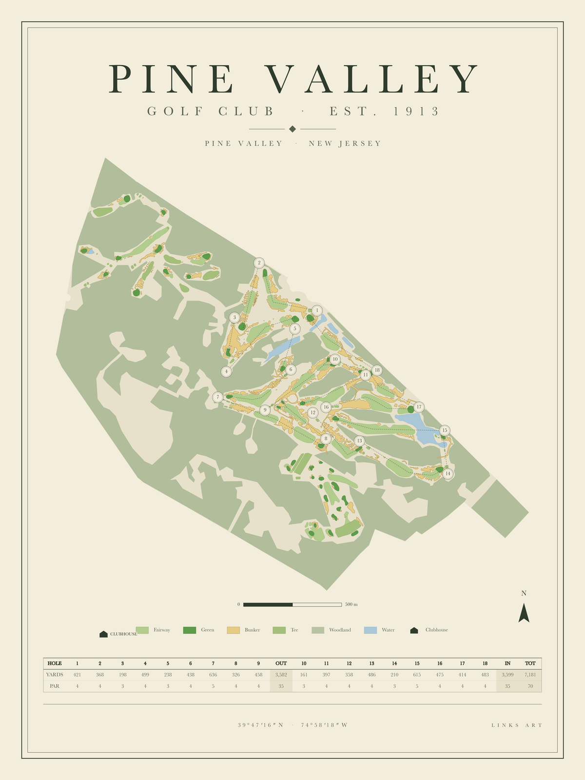 Pine Valley golf course map poster, portrait
